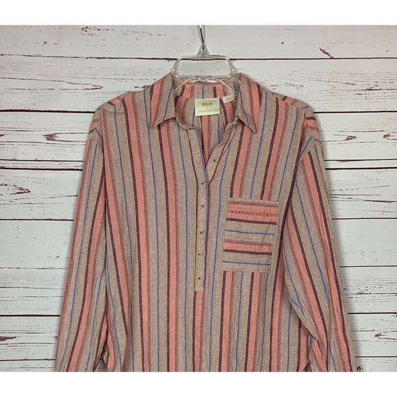 MAEVE By Anthropologie Women's S Small Pink Purple Stripe Button Long Sleeve Top - Picture 2 of 13